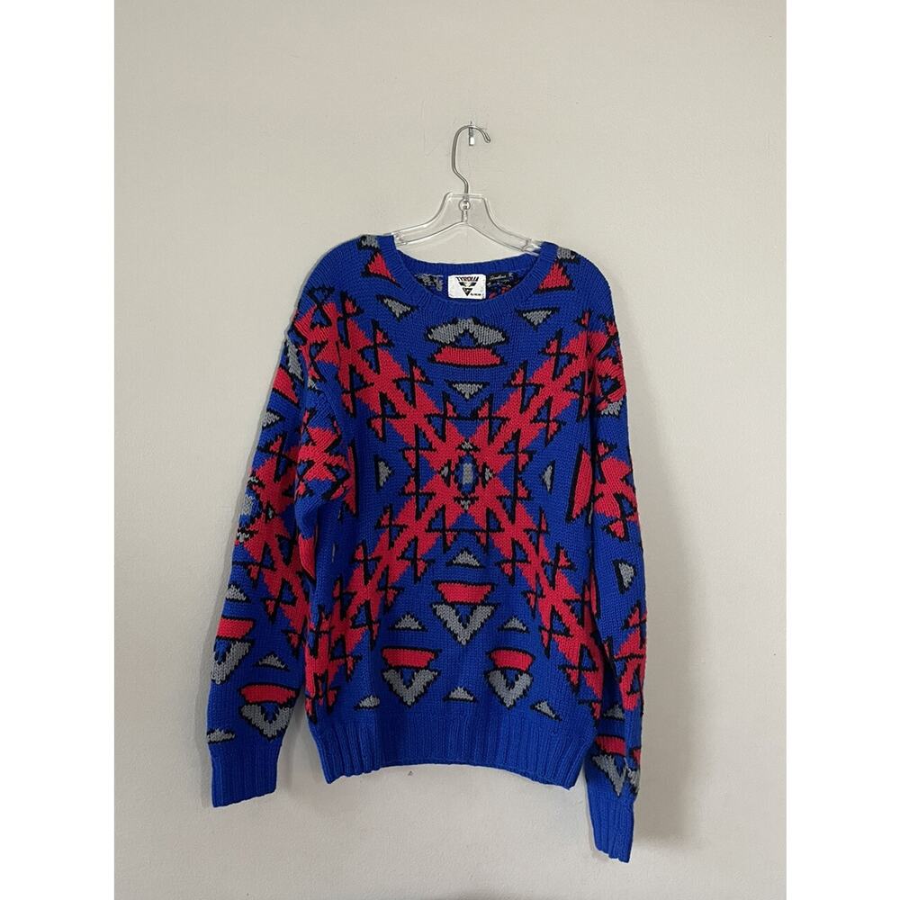 Vintage Tyrolia By Head‎ Chunky XL Handknit Wool Blend Sweater Red Blue Grandpa